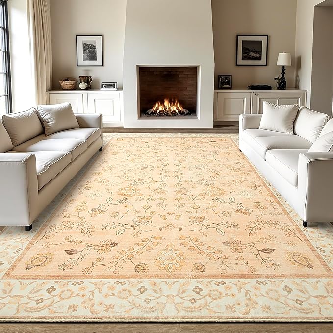 LOCHAS Washable Area Rugs 5x7, Peach Floral Rug for Living Room Bedroom Non Slip, Ultra Soft Vintage Indoor Carpet for Kids, Nursery, Dorm, Dining Room, Classroom, Boho Flower Home Decor, Low-Pile