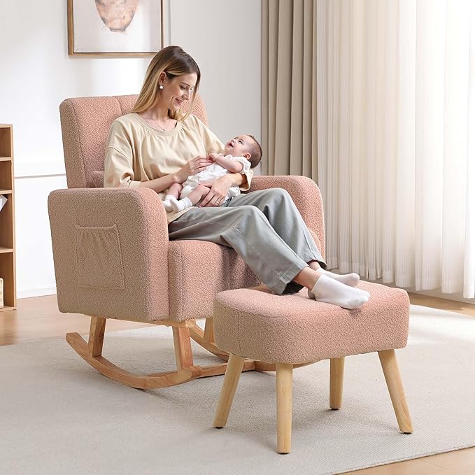 Rocking Chair with Ottoman, Upholstered Glider Rocker with High Backrest and Side Pocket, Comfy Reading Chair with Solid Wood Legs for Nursery, Living Room,Bedroom Coffee