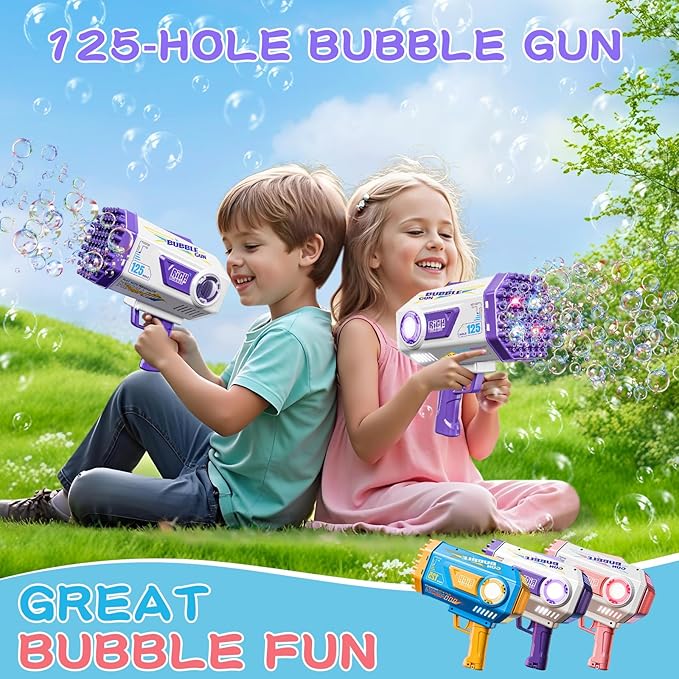 BOMOCO Bubble Gun,125 Holes Bubble Machine Bubbles for Kids 3-12,Bubble Blaster Gun with Bubble Solution Summer Outdoor Bubble Toys Birthday Wedding Halloween Party Favors Gifts Bubble Maker,Purple