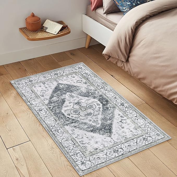 Lahome Boho Washable Rugs for Entryway - 2x3 Small Non-Slip Kitchen Rug Throw Lightweight Area Rugs for Bedroom Grey Print Oriental Distressed Bathroom Mat Floor Doormat Carpet for Laundry Living Room