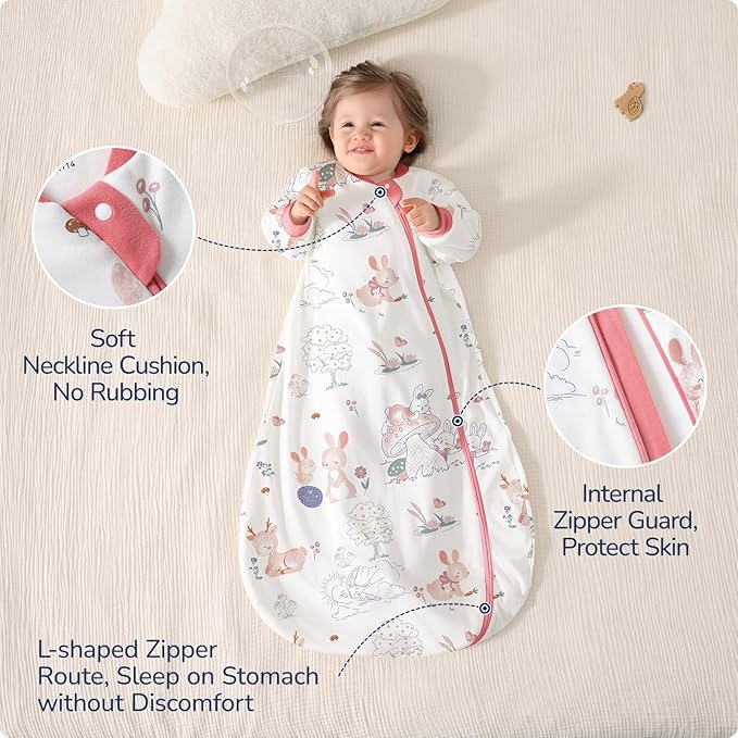 Baby Sleep Sack 3-6 Months, Cotton Detachable Long Sleeve Sleep Sack, 1.0 Tog Toddler Sleeping Sack with Temperature Strips, 2-Way Zipper Wearable Blankets for Newborns, Bunny