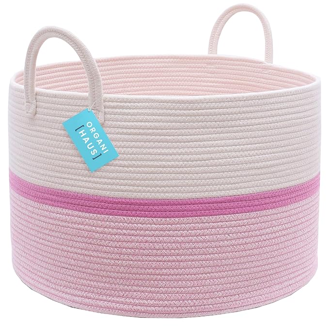 OrganiHaus Boho Woven Basket for Blankets and Laundry, Decorative Large Storage Bin for Living Room, Nursery Basket for Toys & Clothes, Soft Cotton Rope with Handles 20x13 inches - Striped Pink