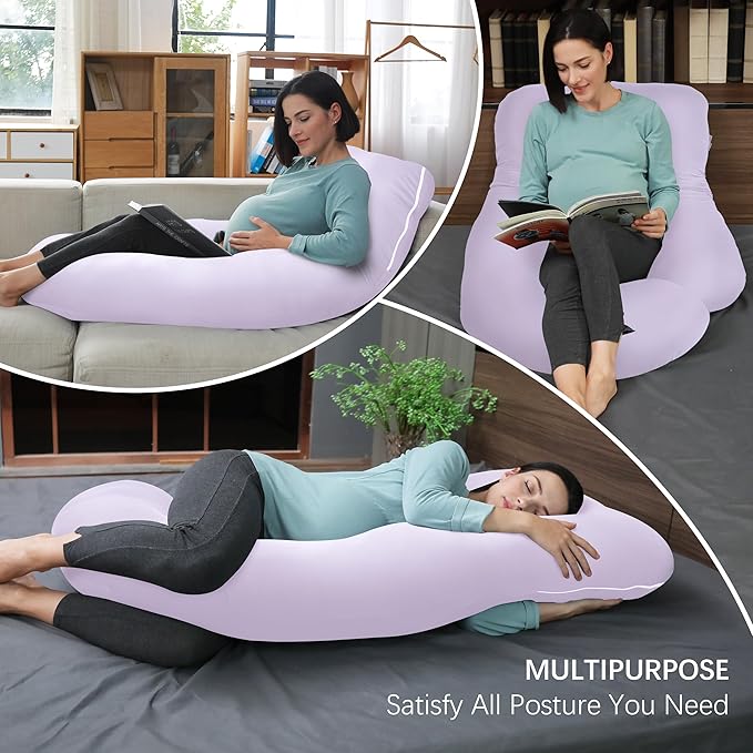 MOON PARK Pregnancy Pillows for Sleeping - U Shaped Full Body Maternity Pillow with Removable Cover - Support for Back, Legs, Belly, HIPS - 65 Inch - Purple - Cooling Cover