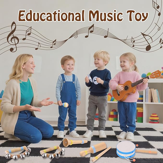 Montessori Musical Instruments for Toddlers, Wooden Baby Music Set with Drum, Flute, Clarinet, Chime Bar, Bells Cymbals, Natural Sensory Learning Toys for Boys Girls 1-3 Years Old