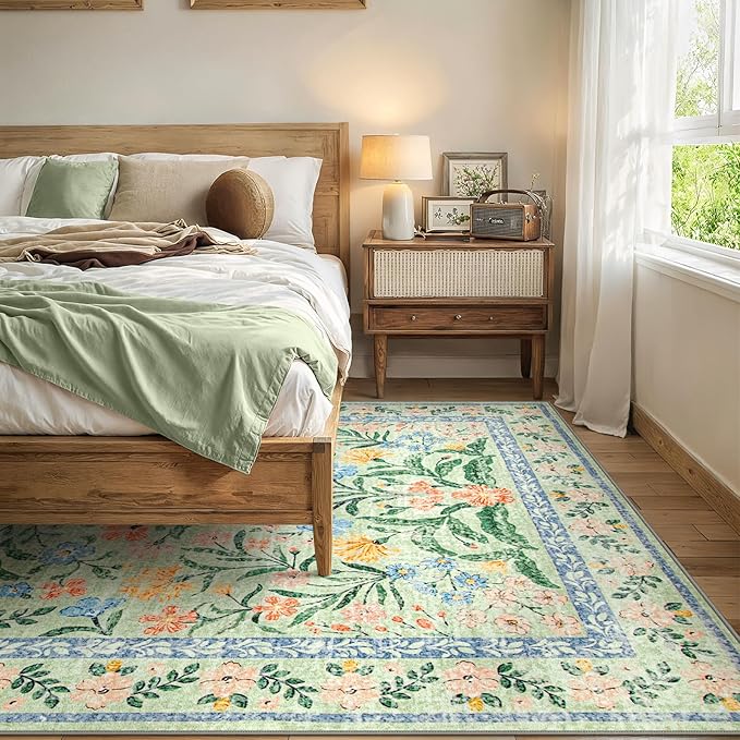 Wonnitar 10x14 Machine Washable Area Rugs, Green Floral Large Rugs for Living Room, Ultra-Thin Foldable Boho Flower Print Bedroom Carpet for Dorm Apartment Office