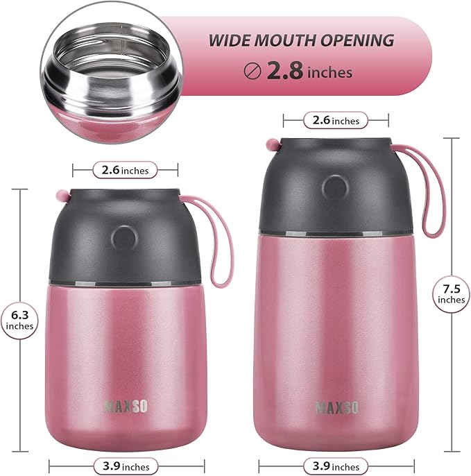 Insulated Thermo Food Jar for Hot & Cold Food for Kids Adult, 17&24 oz Soup Thermal Hot Food Containers for Lunch, Triple Layer Insulation Stainless Steel Food Jar with Spoon (2 Pack Pink)