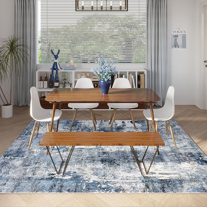 8x10 Rug Washable Boho Rug Soft Large Area Rug Non-Slip Non-Shedding Faux Wool Vintage Rug for Living Room, Farmhouse, Dining Room, Indoor, Kids Playroom, Blue