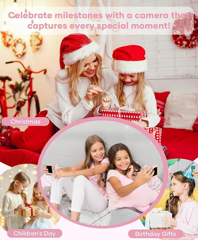 WONNIE Digital Camera 56MP, FHD 1080P Point & Shoot Camera with 32GB SD Card, 2 Batteries, and Lanyard, Ideal for Kids & Teens, Suitable Gift for Girls，Pink, 2-Pack
