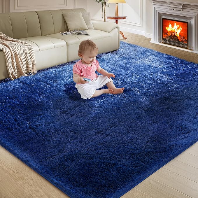 Ultra Soft Rug for Living Room, 8X10 Fluffy Shag Area Rug for Bedroom, Modern Shaggy Carpets Fuzzy Rug for Teens Dorm Nursery Home Decor Aesthetic, Upgrade Anti-Skid Durable, Blue