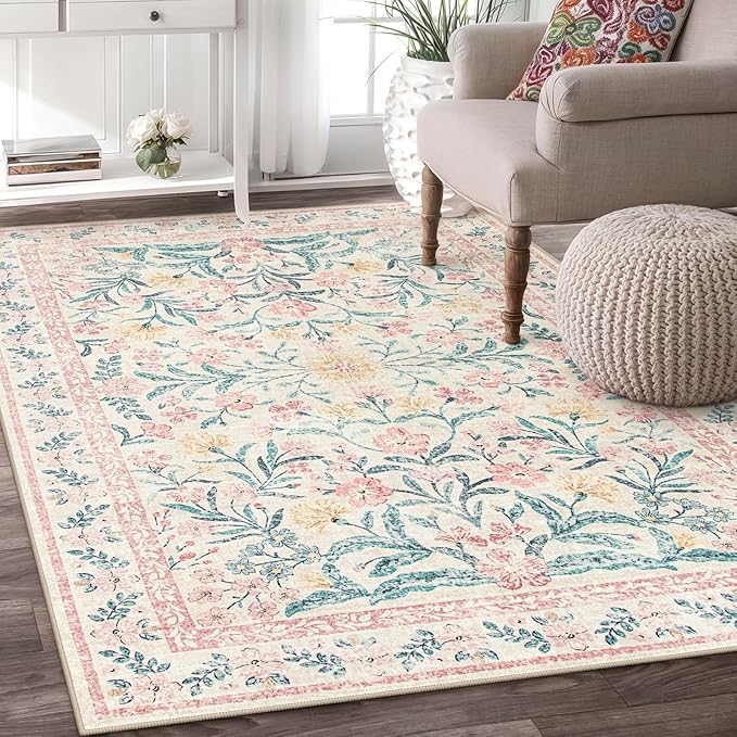 Wonnitar Machine Washable 5x7 Nursery Rug, Pink Rugs for Bedroom Girls, Boho Soft Floral Carpet Non Slip, Indoor Ultra-Thin Floor Carpet for Kid Room Living Room Dorm