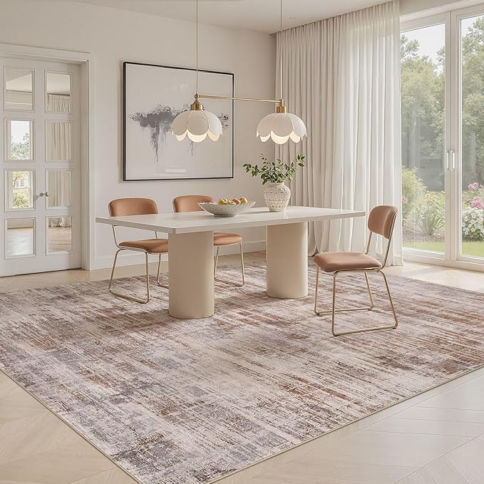 Area Rug for Living Room: 9x12 Washable Neutral Abstract Modern Soft Rugs Non Slip Indoor Floor Stain Resistant Large Carpet for Bedroom Dining Room Office Nursery - Red Brown