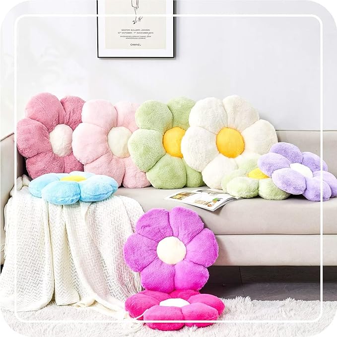 Royal Blue Flower Pillow, Cute Decorative Flower Shaped Throw Pillow with Faux Rabbit Fur, 19.6" Soft Flower Plush Throw Pillow Floor Pillows Room Décor for Bedroom Living Room