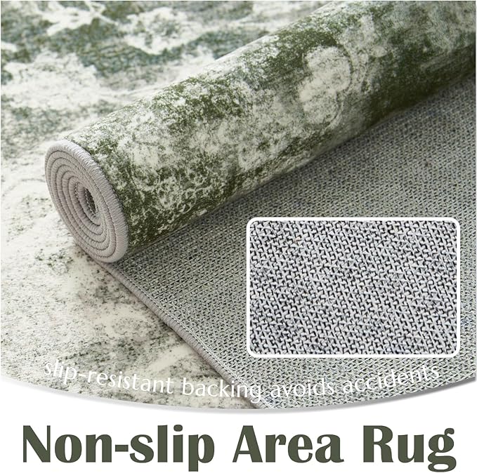 jinchan Washable Area Rug 8x10 for Living Room - Soft Faux Wool Ultra-Thin Stain Resistant Non-Slip Distressed Vintage Floral Large Carpet for Bedroom,Dining Room,Home Office,Nursery(Green, 8'x10')