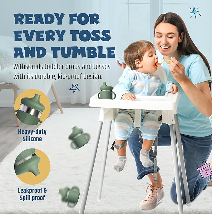 Jumble Dream Baby & Toddler Stainless Steel Sippy Cup Silicon Training Stainless Steel Kids Cups with Straw, Babies Tumbler with Straw No Spill | 6-24 Month Toddler Sippy Cup (Sage Breeze)