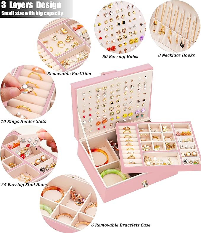 Girls Jewelry Box Earring Holder Organizer for Girls Earring Organizer Teen Jewelry Box Organizer for Girls Pink jewelry Boxes for Earrings Necklaces Rings Stud Earrings Box Organizers Teens