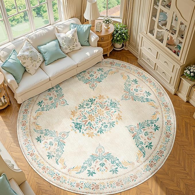 jinchan Round Rug 7ft Area Rugs,Vintage Floral Distressed Design Machine Washable Soft Non-Slip Low-Pile Ultra-Thin Circle Rug for Living Room Dining Room Bedroom Home Office (7' Round,Apricot Multi)