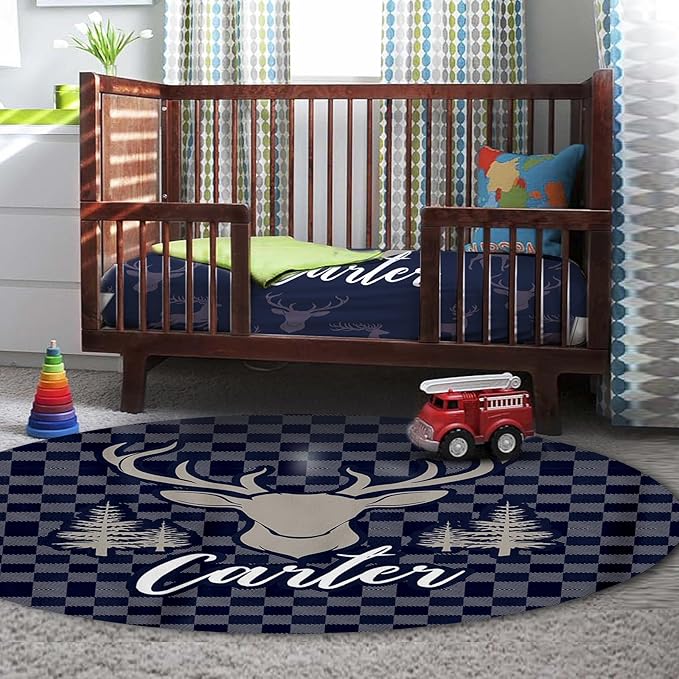 Personalized Baby Crib Bedding Set, 5-Piece Navy Deer Design Baby Crib Sets with Custom Name, Toddler Double Layer Blanket Fitted Sheets Changing Pad Cover Rug Wall Art Set, Charming Nursery Decor