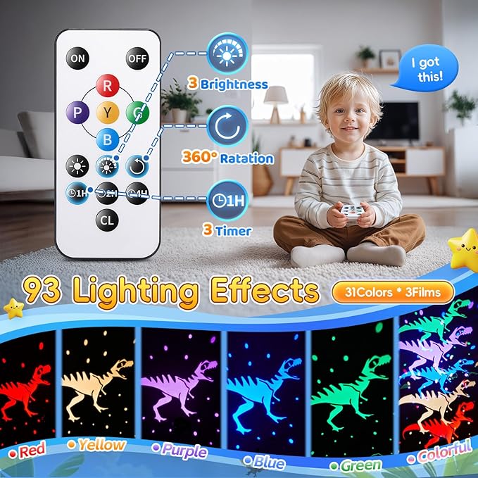 Dinosaur Toys for Kids 3-8 | 3D Films & 31 Colors & & 360° Rotate & Timer | Dinosaur Night Light Projector Toys for 2-10 Year Old Boys Room Decor Gift for Boys Jurassic World Jurassic Park Toys
