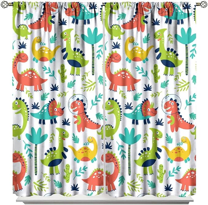 Rustic Dinosaurs Curtains Colorful Dino Kids Boys Cartoon Cute Cool Funny Decor Printed Blackout Rod Pocket Window Drapes for Living Room Bedroom W42xL84in 2 Panels