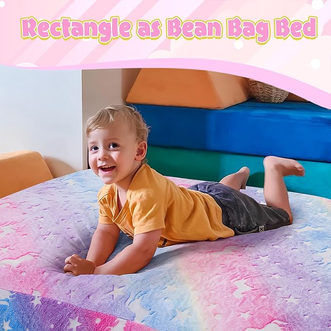 Kids Bean Bag Chair Turn into Beanbag Bed, Unicorn Toddler Bean Chair for Girl Boy Sleeping, Lazy Children Bean Bags with Filler, Convertible Child Floor Mattress, Colorful Rainbow