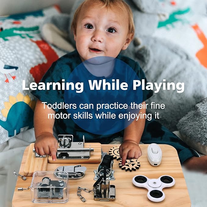 Wooden Montessori Toys Busy Board for 1 2 3 4 Year Old, Baby Toddler Sensory Toys, for Fine Motor Skills, for Autism ADHD