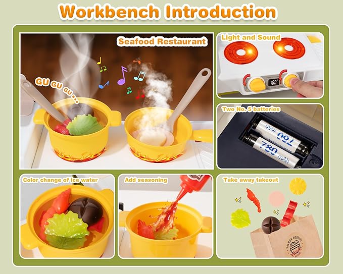 Kids Kitchen Food PlaySet - Simulated Seafood Fast Food Restaurant Toy with Cash Register, Includes Color-Changing Food Sound and Light Effects, Suitable Birthday Gift for Boys and Girls Aged 3-5