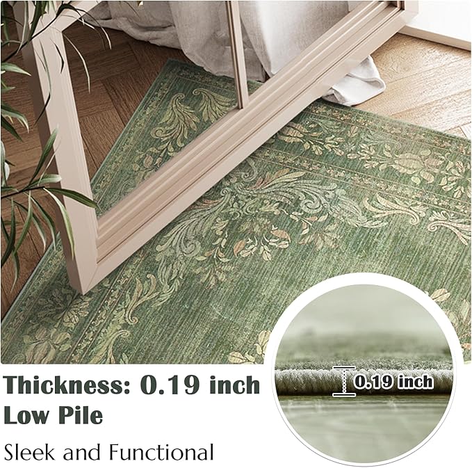jinchan Vintage Floral Runner Rug 2x5 - Machine Washable Distressed Design Non-Slip Low-Pile Soft Thin Carpet for Hallway Kitchen Farmhouse Bedroom Entryway Laundry Room (2x5ft,Dark Green)