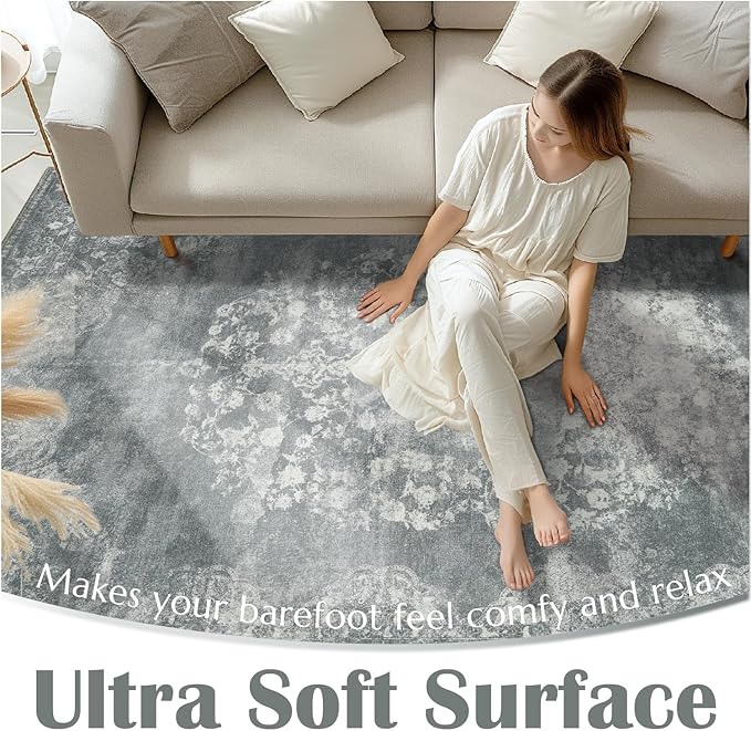 jinchan Washable Area Rug 6x9 for Living Room - Soft Faux Wool Ultra-Thin Stain Resistant Non-Slip Distressed Vintage Floral Rug Large Carpet for Bedroom,Dining Room,Home Office,Nursery(Grey, 6'x9')