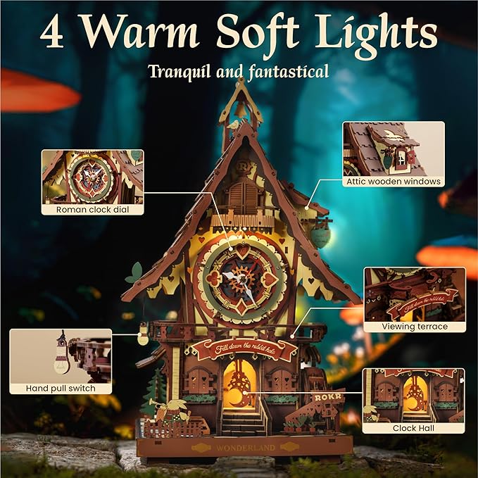 ROKR 3D Wooden Puzzles for Adults, Cuckoo Clock Model Kit, Room Home Decor DIY Watch Making Kit Functional Mechanical Building Toys, Hobbies Birthday Christmas Day Gifts for Men Women Kids 14+