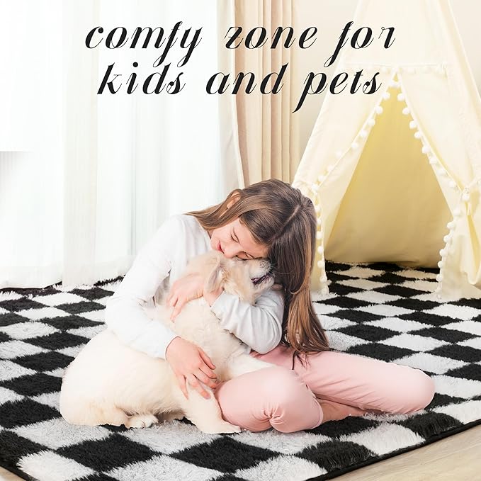 Super Soft Rug for Bedroom, 3x5 Ft Black and White Area Rug Classic Checkered Shaggy Anti-Skid High Pile Soft Fluffy Rug Fuzzy Carpet for Living Room Bedroom Kids Room Nursery, Dorm Home Decor