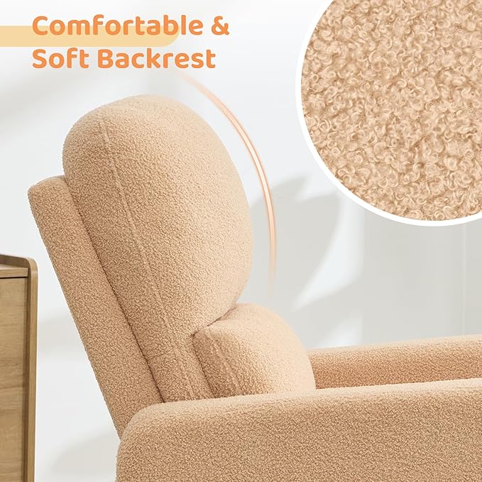 Swivel Rocker Recliner, Oversized Power Nursery Recliner Chair, Swivel Glider Reclienr with Removable Cushion, Upholstered Boucle Recling Chair for Nursery Living Room Bedroom, Teddy Camel