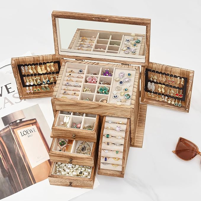 Jewelry Box Organizer, Solid Wood Jewelry Boxes fow Women with Mirror, Double Layer Jewelry Organizer Box Display Earring Necklace Bracelet Ring, Rustic Style Small Jewelry Box for Girls