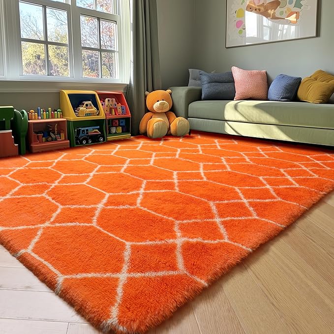 ONASAR Area Rugs for Bedroom Living Room, Washable 4x6 Fluffy Orange and White Throw Rug, Geometric Soft Shaggy Fuzzy Plush Indoor Floor Carpet for Kids Teen Nursery Dorm Office Home Decor Aesthetic