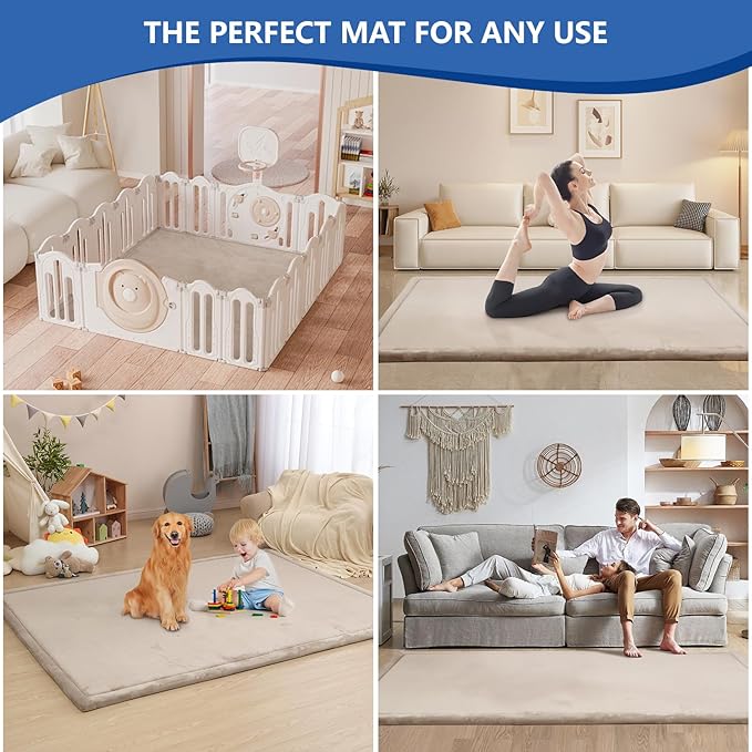 Baby Play Mat for Floor,1.3" Thick Memory foam Tummy Time Mat,79"×158“ Extra Large Soft Coral Velvet Nursery Rug,Non Slip Safe for Crawling,Toddlers,Infants,kids,Tatami Style for Living Room(Beige)