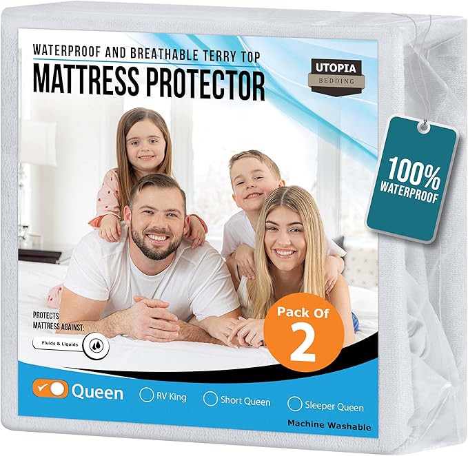 Utopia Bedding Waterproof Mattress Protector Queen Size 2 Pack, 200 GSM Breathable Terry Mattress Cover, Fitted Style with Stretchable Pockets (White)