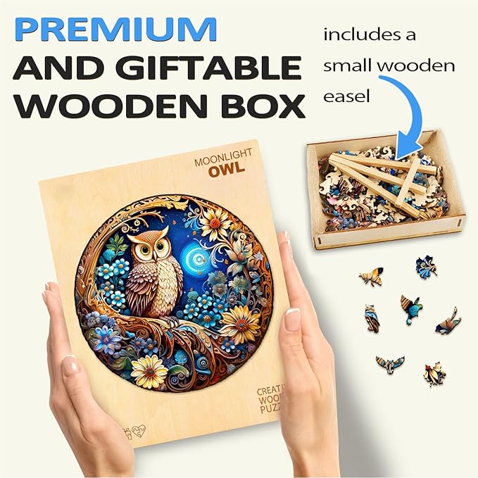 masseruon Wooden Puzzles for Adults-Moonlight Owl, Unique Shaped Jigsaw Puzzles for Adult(M, 190pieces, 11.4x11.4in), Beautiful Animal Shaped Wood Puzzles, Christmas Family Game Birthday Gift