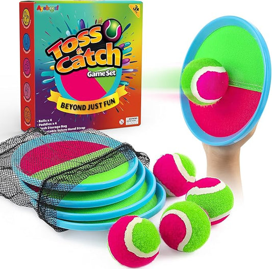 Ayeboovi Toss and Catch Ball Set Beach Toys Pool Toys Outdoor Games Outdoor Toys Yard Games Easter Toys Gifts for Kids Ball and Catch Game with 4 Paddles and 4 Balls [Upgraded Version]