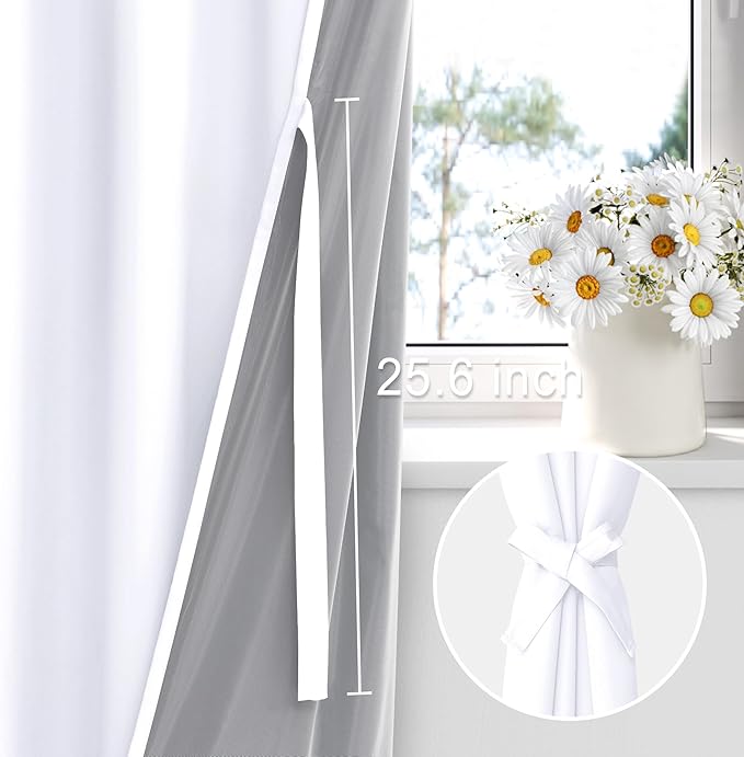 XWZO 100% Blackout Curtains 54 Inches Length with Tiebacks- Rod Pocket Full Shade Window Drapes Thermal Insulated Double Layer with Black Liner for Bedroom/Living Room, White, W42 x L54, Set of 2