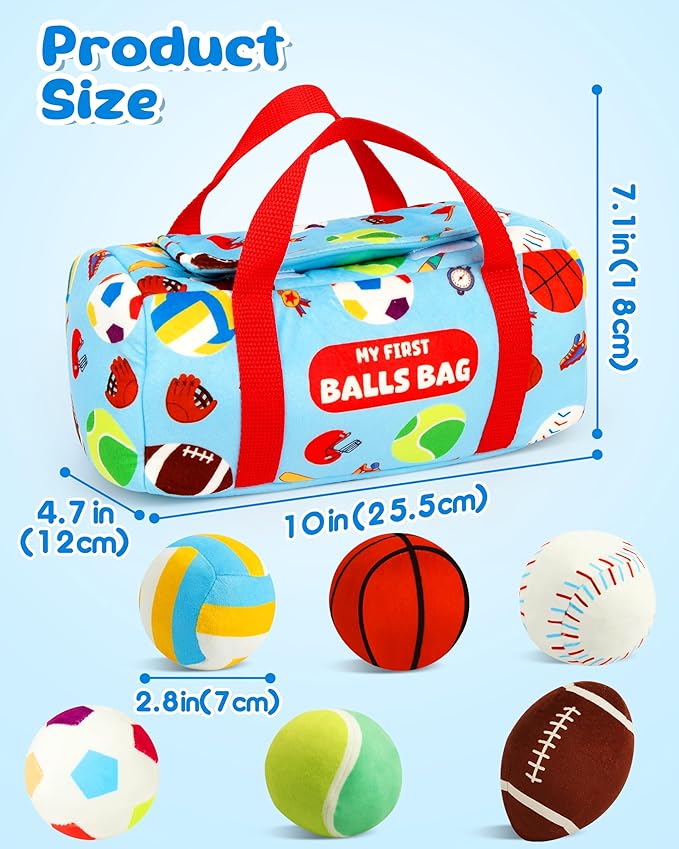 Vanmor Sensory Sports Balls for Babies 6-12M+, 6 Pack Machine Washable Plush Ball Set with Crinkle, Rattles, Squeaky Sounds, Toddler Learning Toys, Portable Travel Bag, Baby Shower Toy for Newborn