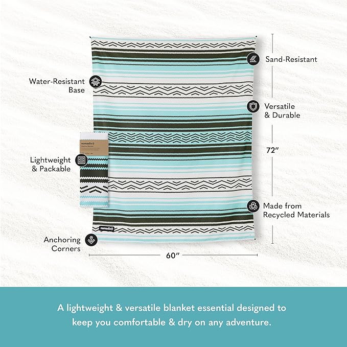 Nomadix Festival Blanket - Perfect for Picnics, Camping, & Lawn Seating - Plush Top & Water Resistant Base - Made with Post Consumer Recycled Materials - Agua Blue - 60x70 in