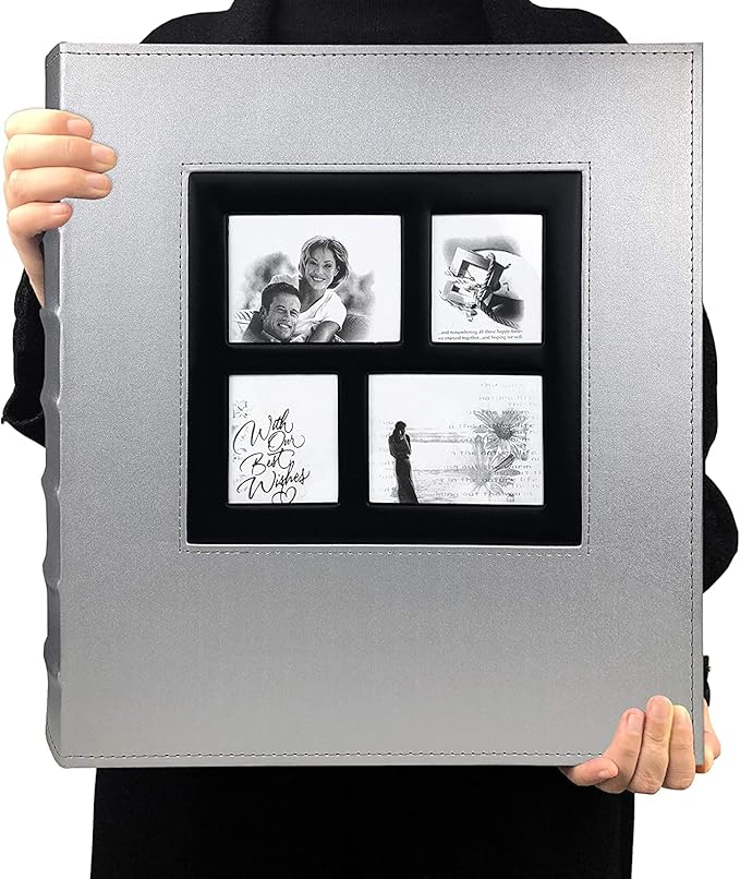 RECUTMS Photo Album Self Adhesive Magnetic DIY Scrapbook 60 Pages 13.3 x 13.4 (Inches) Accommodate 8X10 6X8 5X7 4X6 Photo Wedding Album Memory Book (Silver)