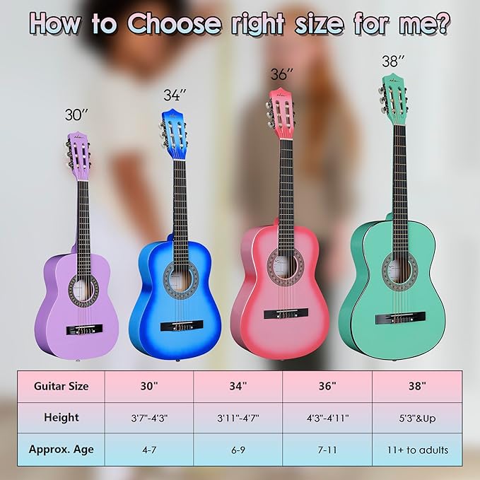 ADM Beginner Acoustic Classical Guitar 36 Inch Nylon Strings Wooden Guitar Bundle Kit for Kid Boy Girl Student Youth Guitarra Online Lessons with Gig Bag, Strap, Tuner, Strings, Picks, Pink