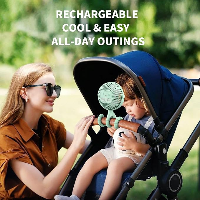 AMACOOL Battery Operated Stroller Fan Flexible Tripod Clip On Fan with 3 Speeds and Rotatable Handheld Personal Fans for Car Seat Crib Bike Treadmill (Green)