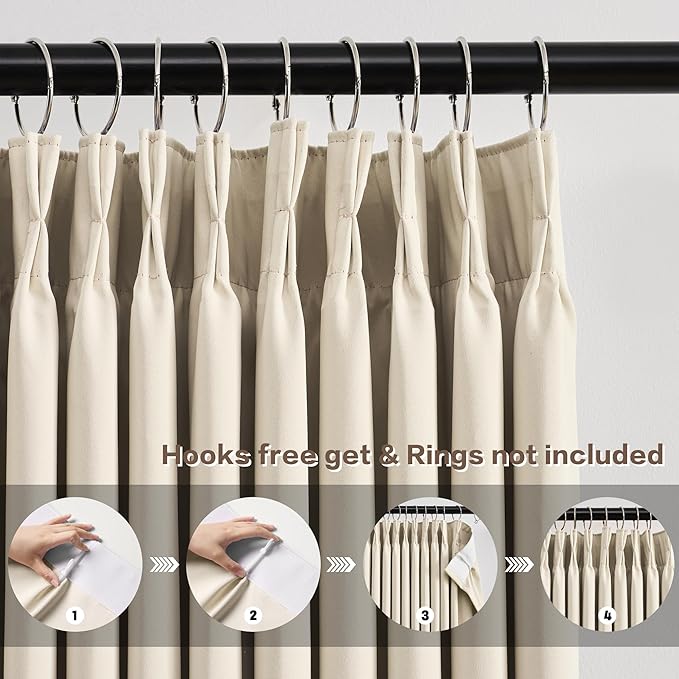 KEQIAOSUOCAI Beige Color Pinch Pleated Curtains Soft Cream,Fancy 90 Inch Curtains for Living Room,40X90 Polyester Blackout Elegant Drapes 90 inches Long with Hooks