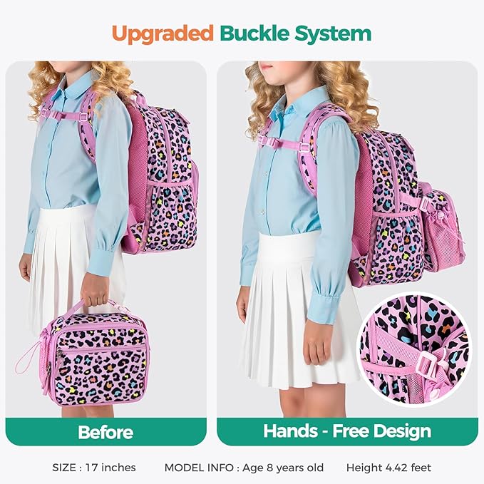 Choco Mocha Cheetah Backpack for Girls, Elementary School Backpack for Girls Ages 6-8 Kids Kindergarten Backpack Bookbag 17 Inch with Chest Strap, Pink Purple