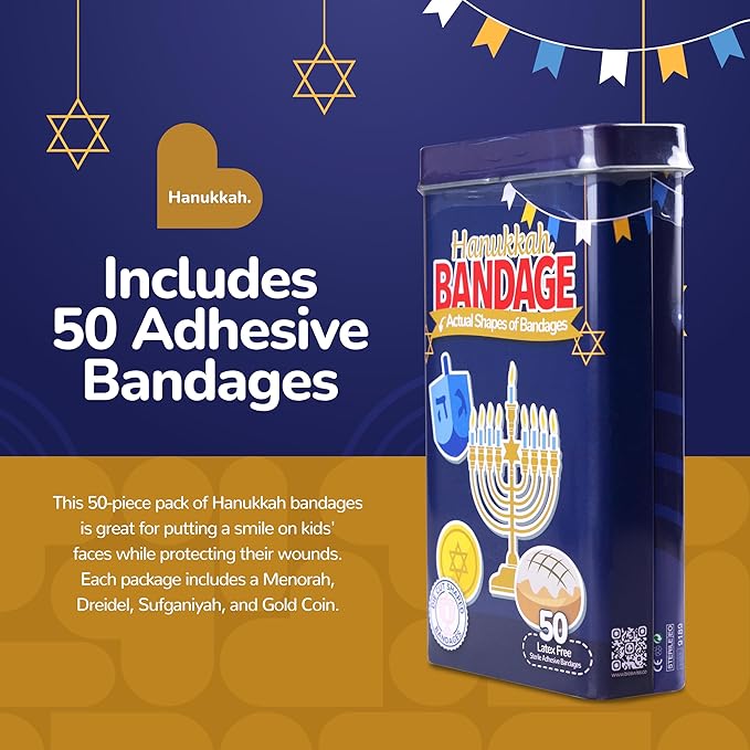 BioSwiss Bandages, Hanukkah Shaped Self Adhesive Bandage, Latex Free Wound Care, Fun First Aid Kit Supplies for Kids and Adults, 50 Count