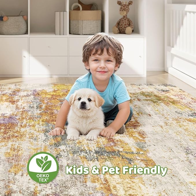 10x14 Area Rugs Living Room: Washable Large Abstract Modern Soft Stain Resistant Indoor Floor Rugs Non-Slip Accent Carpet for Bedroom Nursery Playroom Office Dining Room Dorm Home House- Gold Colorful