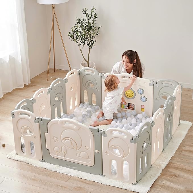 Fortella Cloud Castle Foldable Playpen, Baby Safety Play Yard with Whiteboard and Activity Wall, Indoors or Outdoors (Gray, 14 Panel)