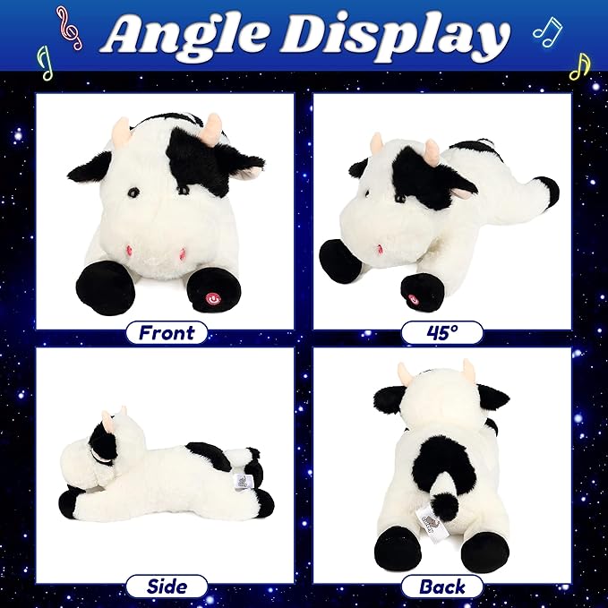 Cuteoy Glowing LED Cow Light-up Nightlight Toys Musical Plush Stuffed Animal Soft Singing Lullabies Birthday Christmas Plushies Gifts for Kids Boys Girls,15.5"