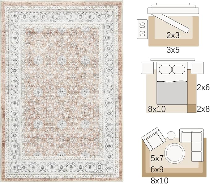 jinchan Washable Area Rug 3x5 Entryway Low Pile Boho Floral Print Rug Faux Wool Soft Indoor Doormat Stain Resistant Non-Slip Ultra-Thin Rug Kitchen Living Room Bedroom Dining Room Office Orange